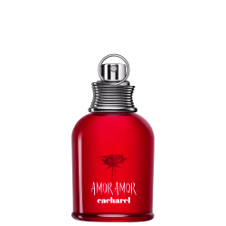 Frasco de perfume Amor Amor da Cacharel, com design moderno e elegante em vermelho brilhante. O rótulo destaca o nome da fragrância em letras brancas sobre o vidro vermelho.