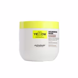 Embalagem branca e amarela de máscara nutritiva da linha Yellow Professional da Alfaparf Milano, com rótulo destacando os ingredientes de óleo de argan e coco.