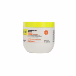 Máscara reparadora da marca Yellow, em embalagem plástica branca e amarela, com rótulo destacando a fórmula reparadora e os ingredientes manteiga de cacau e complexo de bond.