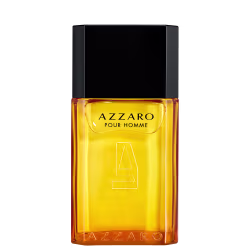 Frasco de perfume masculino Azzaro pour homme, com embalagem preta e amarela, contendo líquido âmbar. O rótulo exibe o nome da marca "Azzaro" em letras grandes.