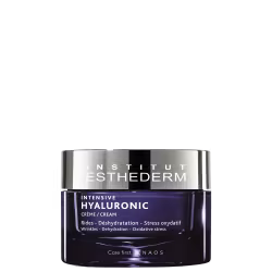 Frasco de creme facial Esthederm Intensive Hyaluronic, com embalagem preta e branca, destacando o nome da marca e os benefícios do produto, como redução de rugas e desidratação.