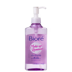 Embalagem plástica transparente com líquido lilás dentro. Bomba dosadora branca na parte superior. Rótulo com o nome do produto "Make up Remover" e a descrição "Bioré Perfect Oil" em inglês e japonês.