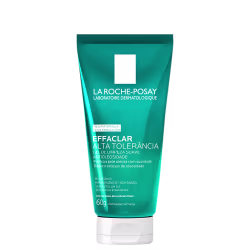 Tubo de gel de limpeza facial da marca La Roche-Posay, com embalagem verde e branca, rótulo com o nome da marca e informações sobre o produto "Effaclar Alta Tolerância".