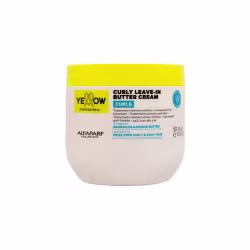 Pote branco com tampa amarela contendo creme para cabelos cacheados da linha Yellow Professional da Alfaparf Milano, com texto "Curly Leave-In Butter Cream" e ingredientes como óleo de baobá e manteiga de manga.