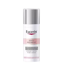 Frasco de creme facial noturno da linha Anti-Pigment da Eucerin, com embalagem branca e prata, contendo informações sobre o produto em inglês e espanhol.