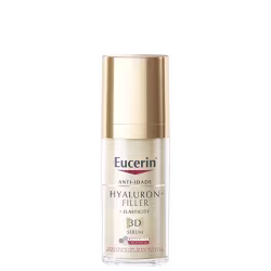 Frasco de vidro dourado com rótulo branco e vermelho da marca Eucerin, contendo um soro antienvelhecimento com ácido hialurônico e elasticidade, indicado para tratamento da pele.