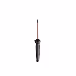 Modelador de cabelos da marca Vertix. Trata-se de um dispositivo elétrico com um corpo preto e um tubo de metal rosa. Possui um botão de controle e um cabo de alimentação. O design é simples e minimalista, com uma aparência moderna e funcional.