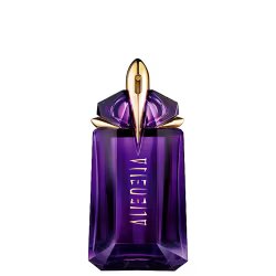 Frasco de perfume de vidro de cor roxa com tampa dourada em formato de foguete. O rótulo exibe o nome "Alien" em letras douradas.