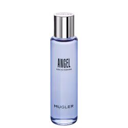 Frasco de perfume Mugler Angel, com design elegante e minimalista em tons de azul claro e prata. O rótulo destaca o nome da fragrância em letras pretas.