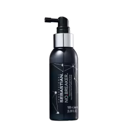 Produto de tratamento capilar Sebastian Professional No Breaker. Frasco preto e prata com 100 ml de capacidade. Embalagem cilíndrica com bico dosador preto.