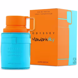 Frasco de perfume Odyssey Mandarin Sky, edição limitada, com embalagem laranja e azul. O frasco possui formato cilíndrico com alça e a caixa apresenta o nome da fragrância em destaque.