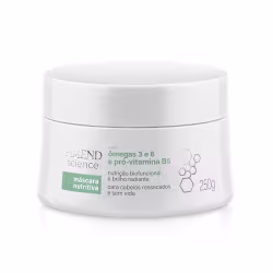 Máscara nutritiva da marca Amend Science, em embalagem branca, contendo omegas 3 e 6 e pró-vitamina B5 para cabelos ressecados e sem vida, com informações sobre nutrição biofuncional e brilho radiante.