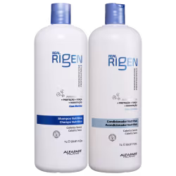 Kit com shampoo e condicionador Real Rigen, da marca Alfaparf Milano.