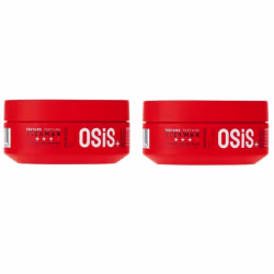 Dois potes de creme para cabelos da marca Osis+, com embalagem vermelha e texto branco, apresentando textura flexível e promessa de fixação forte.