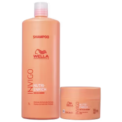 Shampoo Wella Professionals Nutri-Enrich em embalagem plástica laranja de 1 litro. Embalagem menor redonda laranja de 150ml com a descrição Máscara de Nutrição Profunda para tratamento capilar.