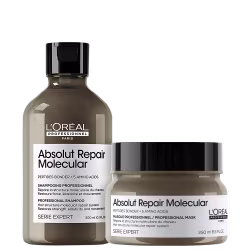 A imagem mostra dois produtos da linha L'Oréal Professionnel Série Expert Absolut Repair Molecular: um shampoo em um frasco marrom com tampa preta, contendo 300ml e uma máscara capilar em um pote plástico marrom com tampa preta, contendo 250ml.