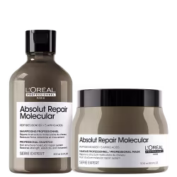 A imagem mostra dois produtos da linha Absolut Repair Molecular da L'Oréal Professionnel: um shampoo de 300ml em frasco marrom com detalhes pretos na tampa. O outro é uma máscara de 500ml em um pote marrom com tampa preta.