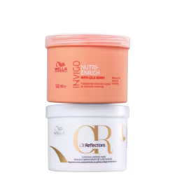 A imagem mostra dois produtos de tratamento capilar da marca Wella Professionals. Um é um frasco plástico arredondado de cor salmão "Nutri-Enrich with Goji Berry". O outro é um pote branco com a inscrição "Oil Reflections Luminous reboost mask".