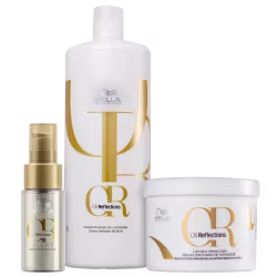 A imagem mostra três produtos da linha Oil Reflections da marca Wella Professionals: shampoo, máscara e óleo capilar.