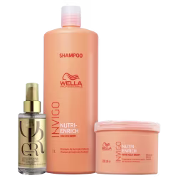 A imagem mostra três produtos de cuidados capilares da linha Wella Professionals Nutri-Enrich. O primeiro é um shampoo de 1 litro. O segundo é um tratamento intensivo de 500ml. O terceiro é um óleo capilar de 100ml.