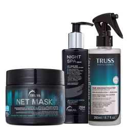 A imagem mostra produtos de cuidados capilares da marca TRUSS. Um Uso Obrigatório, uma máscara NET Mask e um Sérum Noturno Night SPA.