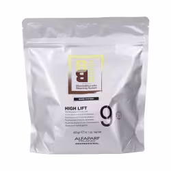 A imagem mostra um pacote plástico metalizado identificado como "High Lift 9" e contém 400g. O design do pacote apresenta o logotipo da Alfaparf e as informações do produto em inglês.