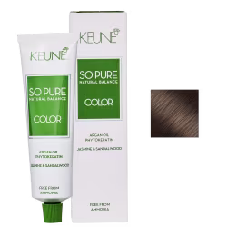 Caixa e tubo de tinta de cabelo da marca Keune, da linha "So Pure Natural Balance Color", nas cores verde e branca, livre de amônia.