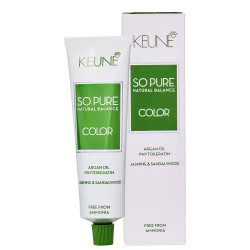 Caixa e tubo de tinta de cabelo da marca Keune, da linha "So Pure Natural Balance Color", nas cores verde e branco, livre de amônia.