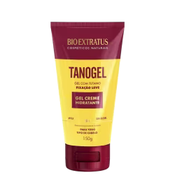 Tubo de gel creme hidratante da marca Bio Extratus, com rótulo em vermelho e amarelo, contendo a descrição "Tanogel - Gel com tutano, fixação leve" e informações sobre o produto.