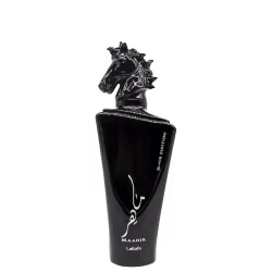 Frasco de perfume preto da marca Lattafa Perfumes, com tampa em formato de cavalo. O rótulo exibe o nome "Maahir" em letras brancas.