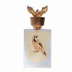 Frasco de perfume Shaheen Gold Lattafa com tampa dourada em formato de águia com asas abertas.