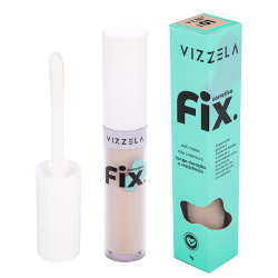 O produto é um corretivo da marca Vizzela, chamado "Fix", em uma embalagem de tubo plástico branco e caixa de papelão na cor azul turquesa. O rótulo destaca as características do produto, como cobertura, longa duração e resistência.