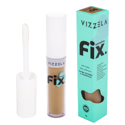 Produto de maquiagem corretivo da marca Vizzela, em embalagem de tubo branco e caixa verde-água com texto "Fix corretivo". O produto possui textura matte e promete longa duração e resistência.