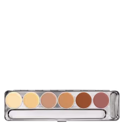 Paleta de corretivos Kryolan em embalagem prateada com 6 tons de cores variando de bege claro a marrom escuro, apresentada em formato compacto e prática.