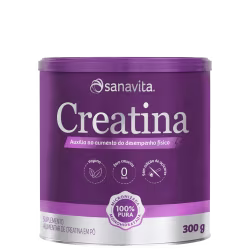 Suplemento alimentar de creatina em pó da marca Sanavita, em embalagem de lata roxa com logotipo e informações sobre o produto, como ser vegano e sem calorias.