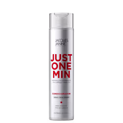 Condicionador da linha Just One Min da marca Jacques Janine Professionnel, em frasco branco com rótulo vermelho destacando o nome do produto e a promessa de reparação capilar completa em apenas 1 minuto.