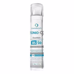 Protetor solar da marca Cosmobeauty, chamado Zonio-O DuoSkin. O rótulo do produto exibe informações como o fator de proteção solar (FPS 85) e o fator de proteção UVB (FPS 50). Também é mencionada a tecnologia "Bio-Energy" utilizada no produto.