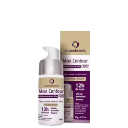 Creme para contorno facial da marca Cosmobeauty, chamado "Max Contour". O texto na embalagem destaca que o produto oferece "Embelezamento do olhar 360°" e possui "Tecnologia Bioeyes" com 12 horas de ação.