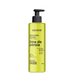 O produto apresentado é um sabonete líquido da marca Labotrat, com a fragrância de lima da pérsia. A embalagem é um frasco plástico de cor amarela, com um rótulo que destaca o nome do produto.