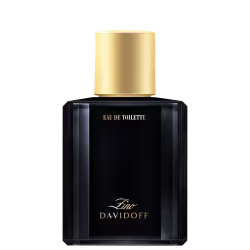 Perfume Eau de Toilette da marca Davidoff em frasco retangular preto com tampa dourada. Rótulo preto com o logotipo "Zino Davidoff" em letras douradas. Embalagem elegante e sofisticada, com contraste de preto e dourado.