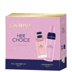 A imagem mostra o conjunto de perfumaria feminina da marca La Rive. A caixa é rosa e azul com o nome Her Choice e os respectivos produtos: um frasco de eau de parfum de 100ml e um desodorante de 150ml, ambos na cor rosa claro com detalhes em azul marinho.