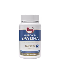 Suplemento alimentar em cápsulas Vitafor Ômega 3 - EPA DHA, contendo 540 mg de EPA e 360 mg de DHA, com vitamina E, em embalagem branca e azul.