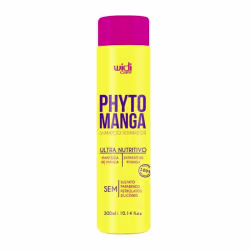 Frasco de shampoo reparador Phyto Manga da marca Widi Care, com embalagem amarela e rosa, contendo 300ml do produto. O rótulo destaca os ingredientes nutritivos como manteiga de manga e extrato de pitanga.