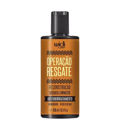 Frasco de 300 ml da linha Operação Resgate da Widi Care, com design em tons de laranja e preto, contendo texto em português sobre reconstrução capilar em 3 minutos e propriedades antienvelhecimento.