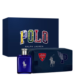 Conjunto de produtos Ralph Lauren Polo. Perfume em frasco retangular azul escuro com o logotipo do cavalo branco e tampa prateada. Estojo azul marinho em tecido com o cavalo branco e o emblema Polo vermelho bordados.