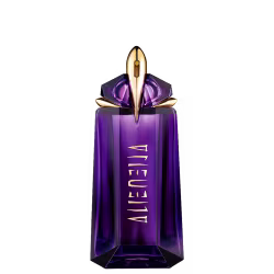 Frasco de perfume de vidro de cor violeta com detalhes dourados, em formato geométrico com tampa pontuda. Rótulo com o nome "Alien" em letras douradas.