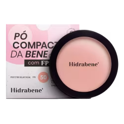 Pó compacto da marca Hidrabene com FPS 50, embalado em uma caixa rosa e um recipiente preto redondo. O produto é descrito como um protetor solar facial.