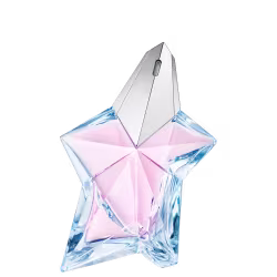 O frasco tem uma forma de estrela de cristal com uma tampa prateada. A cor predominante do frasco é rosa claro, com detalhes em azul translúcido. O design é moderno e geométrico, com linhas angulares e facetadas.