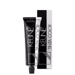 Produto de coloração permanente para cabelos Tinta Color da marca Keune. Embalagem retangular preta com detalhes em branco contendo o nome do produto e da marca.