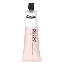 Produto de coloração capilar da linha L'Oréal Professionnel Dia Color. Embalagem em tubo plástico branco com detalhes em preto. Rótulo frontal exibe o logotipo L'Oréal Professionnel e o nome do produto "Dia Color" em letras pretas.